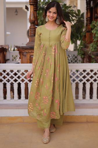Green color mal chanderi fabric designer embroidered partywear suit for girls