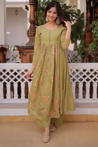 Green color mal chanderi fabric designer embroidered partywear suit for girls