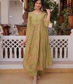 Green color mal chanderi fabric designer embroidered partywear suit for girls