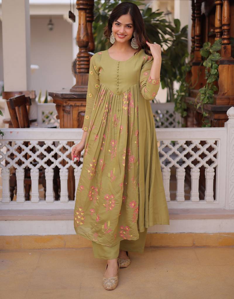 Green color mal chanderi fabric designer embroidered partywear suit for girls