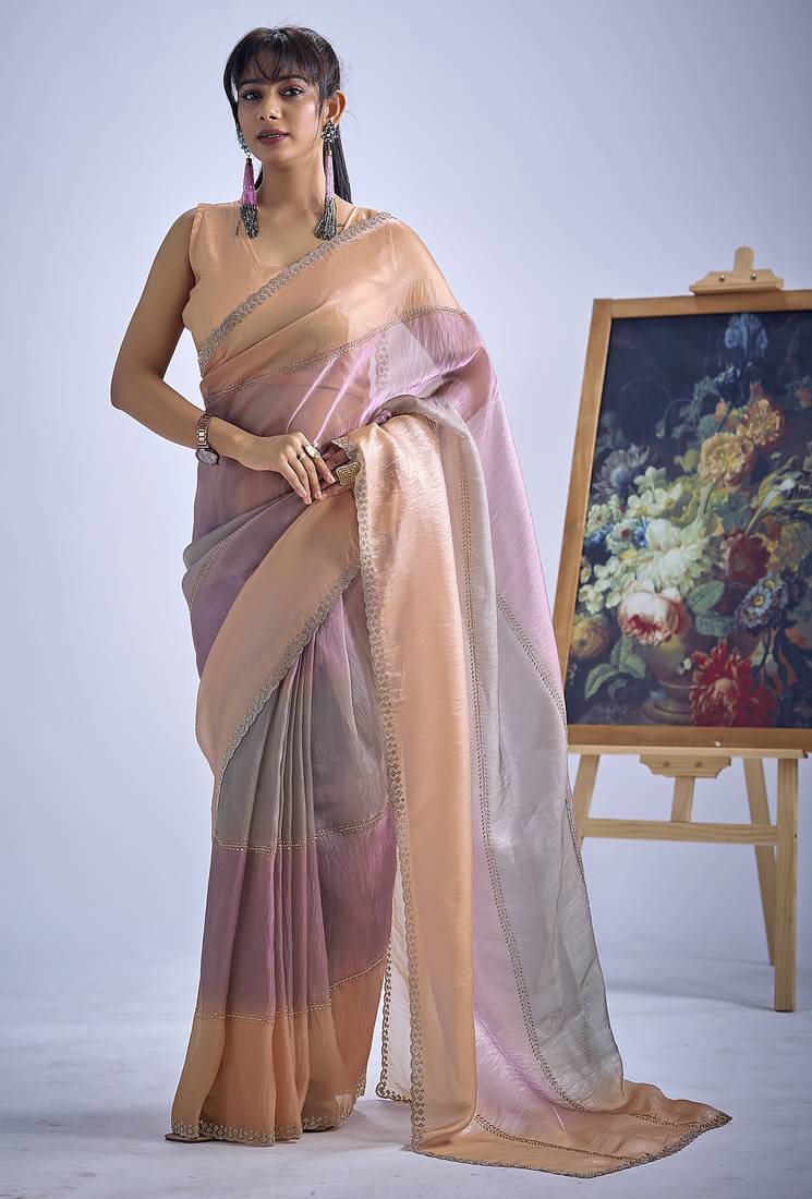 Multi color sequin embroidered work designer silk saree for women