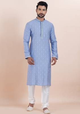 Blue color cotton silk jacquard premium designer festive wear kurta pyjama set 1