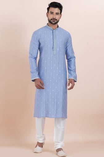 Blue color cotton silk jacquard premium designer festive wear kurta pyjama set