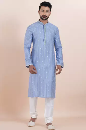 Blue color cotton silk jacquard premium designer festive wear kurta pyjama set