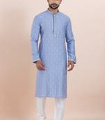 Blue color cotton silk jacquard premium designer festive wear kurta pyjama set