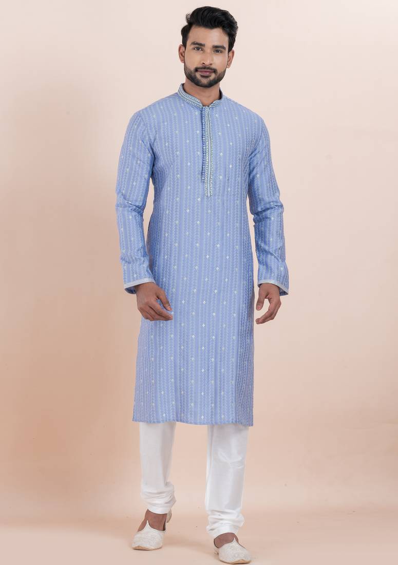 Blue color cotton silk jacquard premium designer festive wear kurta pyjama set