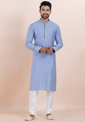 Blue color cotton silk jacquard premium designer festive wear kurta pyjama set 2