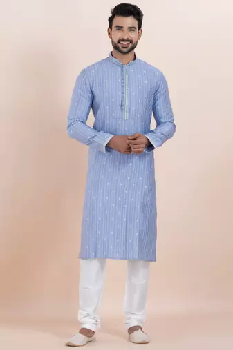 Blue color cotton silk jacquard premium designer festive wear kurta pyjama set