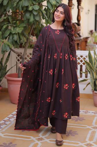 Brown color cotton fabric designer embroidered partywear suit for girls