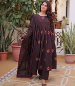 Brown color cotton fabric designer embroidered partywear suit for girls
