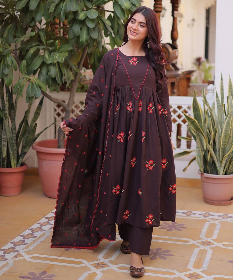 Brown color cotton fabric designer embroidered partywear suit for girls
