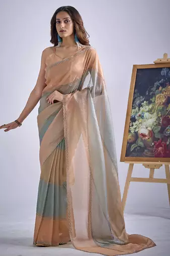 Multi color sequin embroidered work designer silk blend saree for women