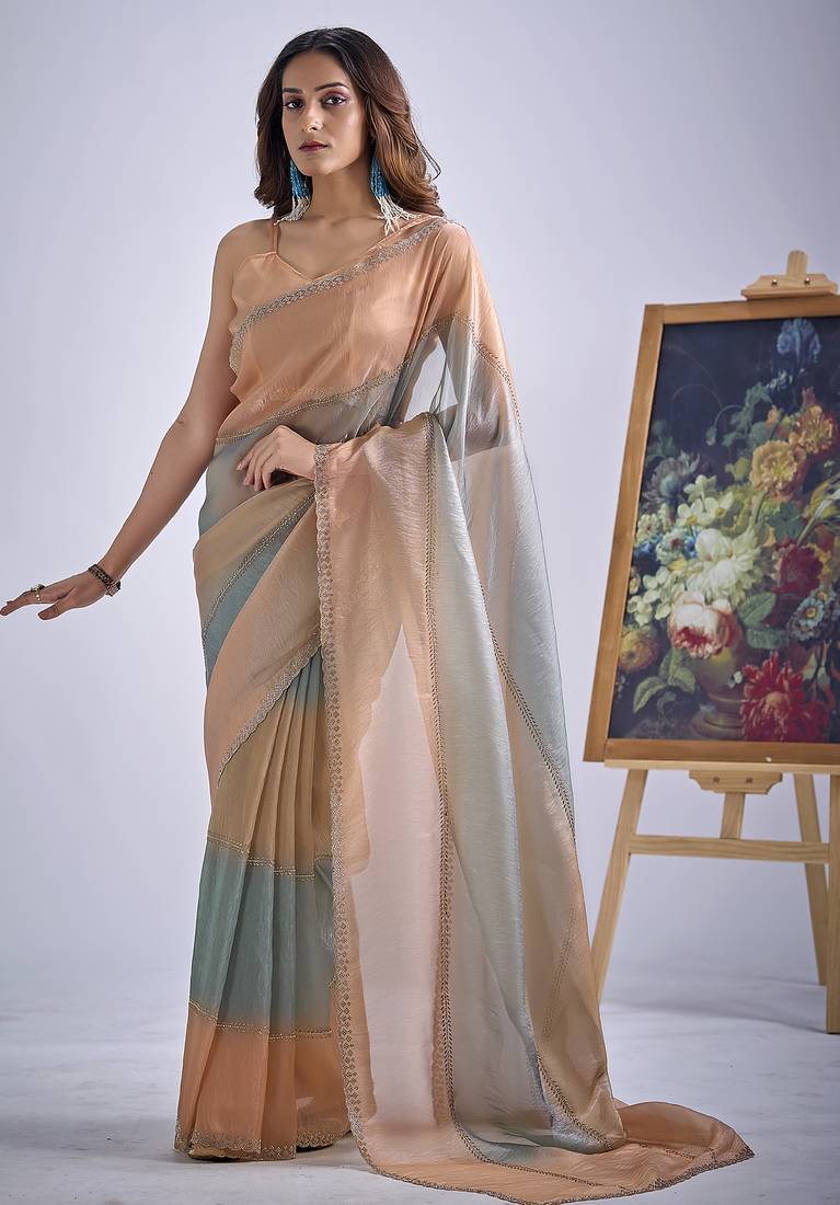Multi color sequin embroidered work designer silk blend saree for women