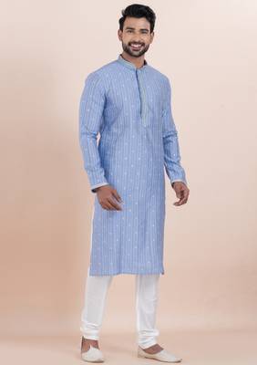Blue color cotton silk jacquard premium designer festive wear kurta pyjama set 3