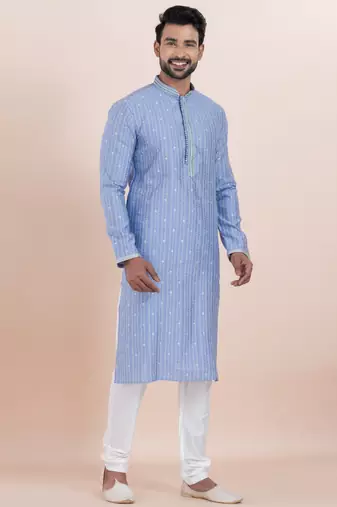 Blue color cotton silk jacquard premium designer festive wear kurta pyjama set