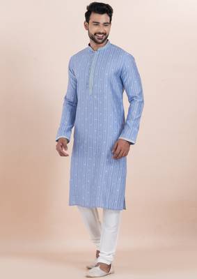 Blue color cotton silk jacquard premium designer festive wear kurta pyjama set 4