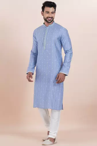 Blue color cotton silk jacquard premium designer festive wear kurta pyjama set