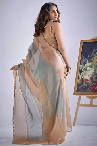 Multi color sequin embroidered work designer silk blend saree for women