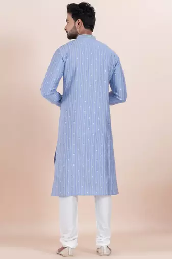 Blue color cotton silk jacquard premium designer festive wear kurta pyjama set
