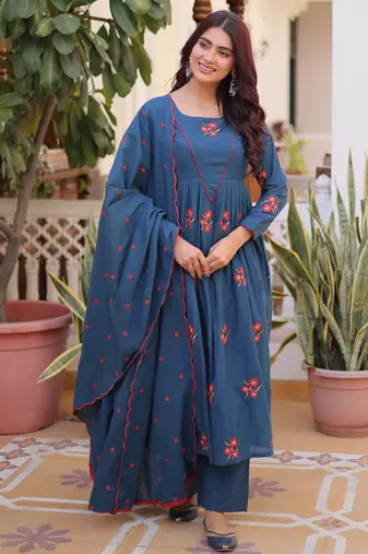 Blue color cotton fabric designer embroidered partywear suit for girls