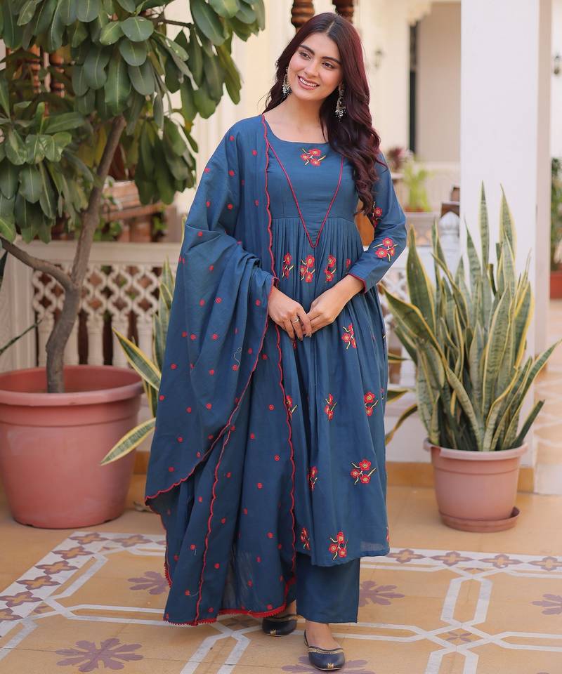 Blue color cotton fabric designer embroidered partywear suit for girls