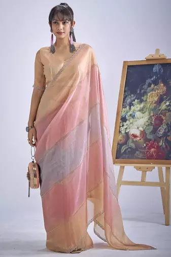 Multi color sequin embroidered work designer silk blend saree for women