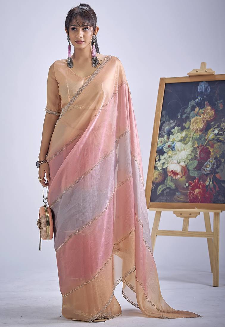 Multi color sequin embroidered work designer silk blend saree for women