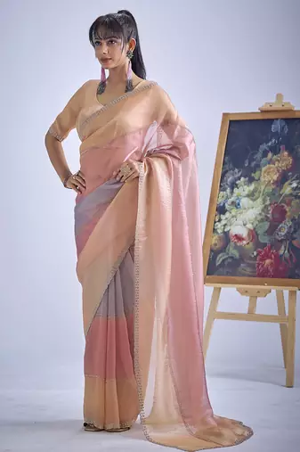 Multi color sequin embroidered work designer silk blend saree for women