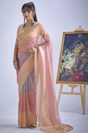 Multi color sequin embroidered work designer silk blend saree for women