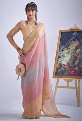 Multi color sequin embroidered work designer silk blend saree for women 4