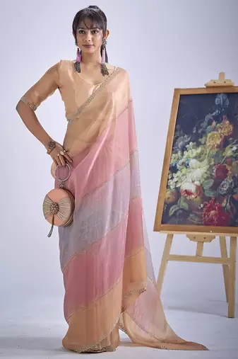 Multi color sequin embroidered work designer silk blend saree for women