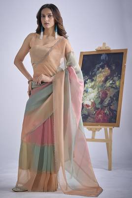Multi color sequin embroidered work designer silk blend saree for women 1
