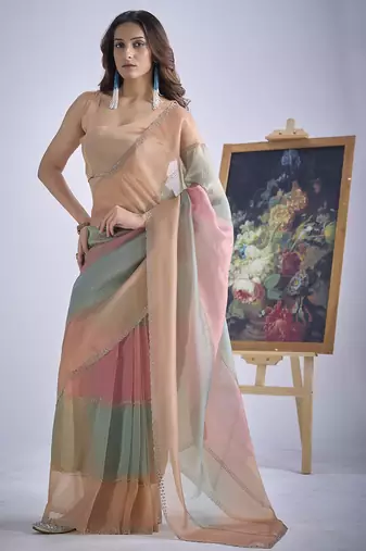 Multi color sequin embroidered work designer silk blend saree for women
