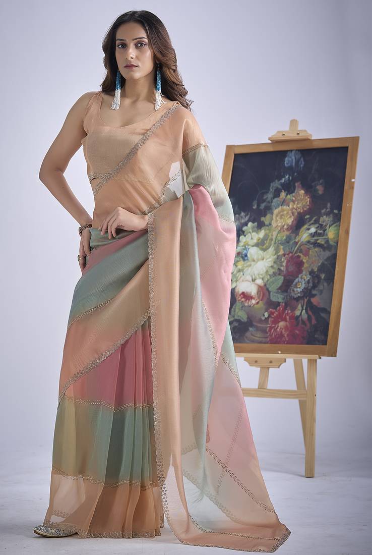 Multi color sequin embroidered work designer silk blend saree for women