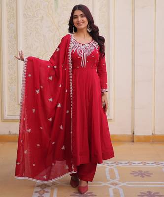 Red color mal chanderi fabric designer embroidered partywear suit for girls 1