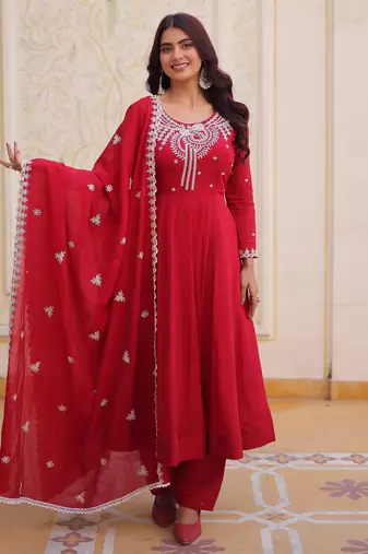Red color mal chanderi fabric designer embroidered partywear suit for girls
