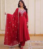 Red color mal chanderi fabric designer embroidered partywear suit for girls
