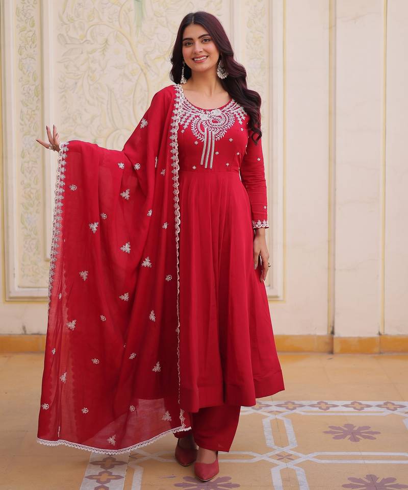 Red color mal chanderi fabric designer embroidered partywear suit for girls