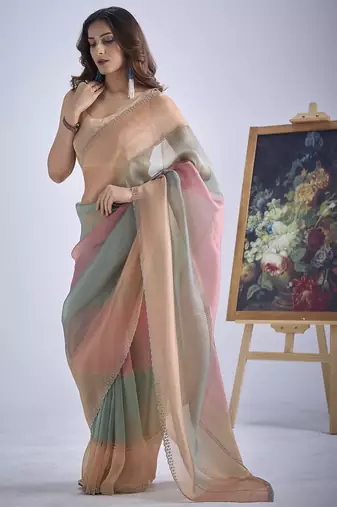 Multi color sequin embroidered work designer silk blend saree for women