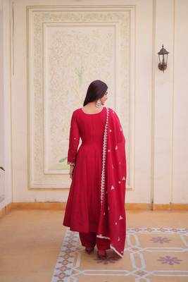 Red color mal chanderi fabric designer embroidered partywear suit for girls 2