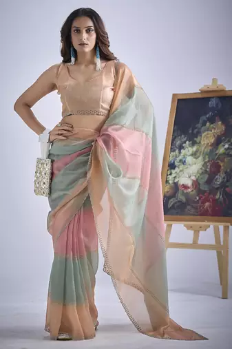 Multi color sequin embroidered work designer silk blend saree for women