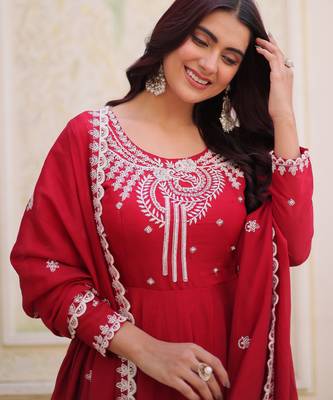 Red color mal chanderi fabric designer embroidered partywear suit for girls 3