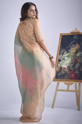 Multi color sequin embroidered work designer silk blend saree for women