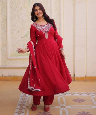Red color mal chanderi fabric designer embroidered partywear suit for girls 4