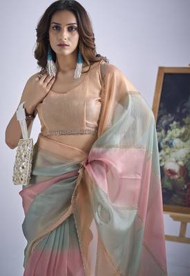 Multi color sequin embroidered work designer silk blend saree for women 5