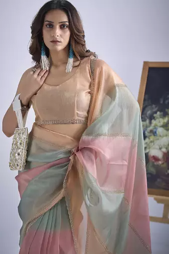 Multi color sequin embroidered work designer silk blend saree for women