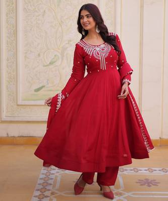 Red color mal chanderi fabric designer embroidered partywear suit for girls 5