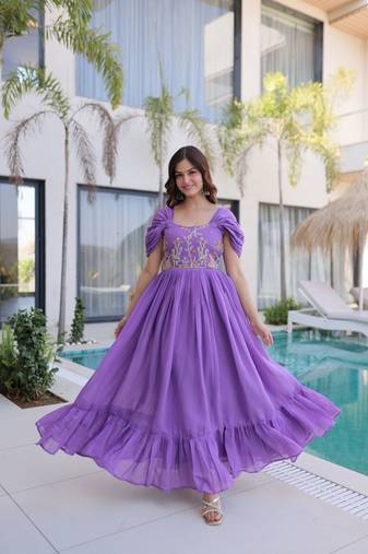 Purple color beautiful ceremonial embroidered partywear gown for beautiful looks