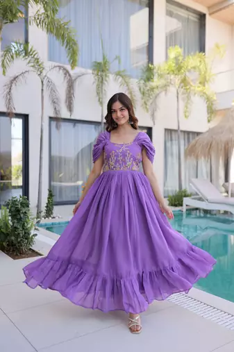 Purple color beautiful ceremonial embroidered partywear gown for beautiful looks