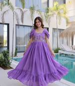 Purple color beautiful ceremonial embroidered partywear gown for beautiful looks